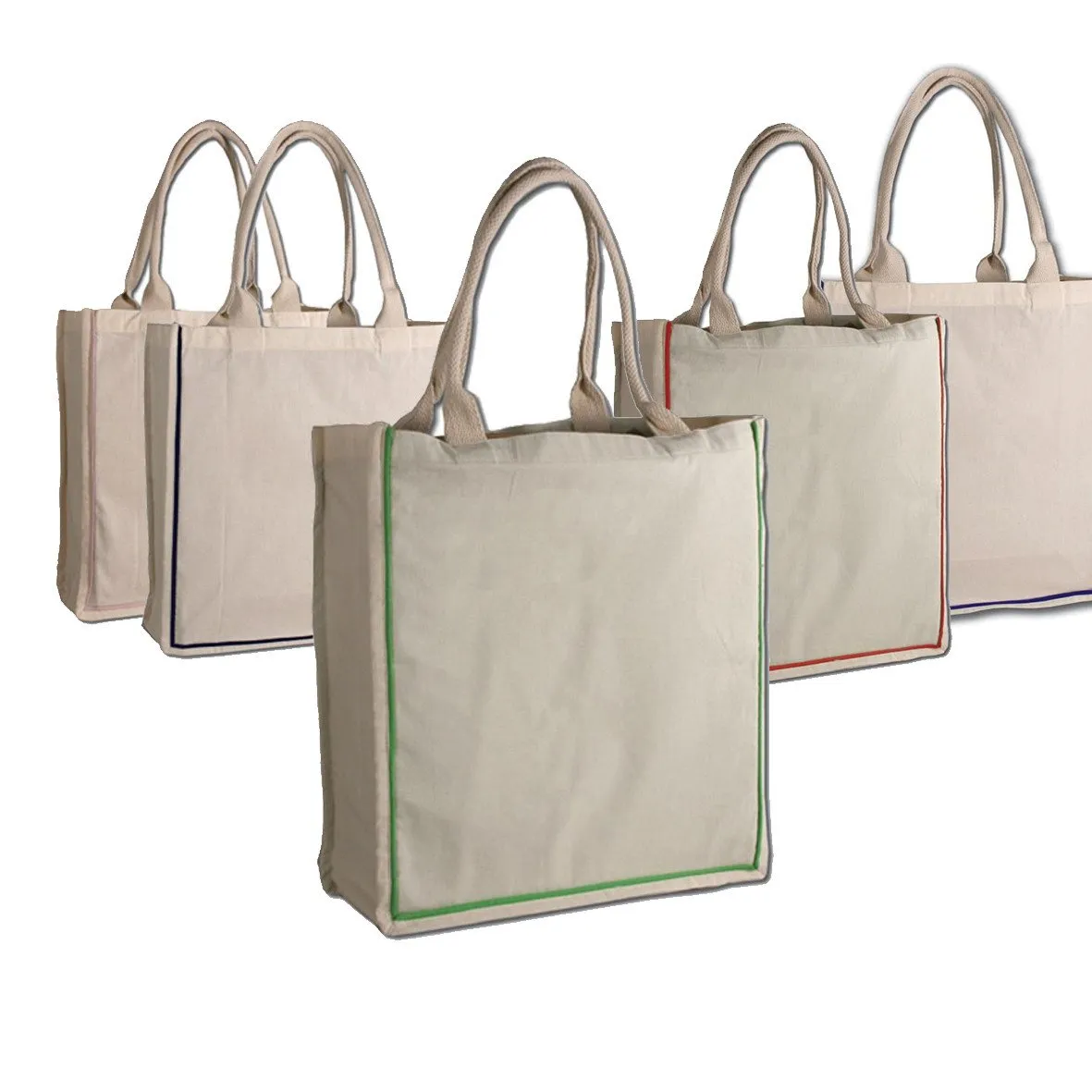 12 ct Color Stripe 100% Cotton Shopping Tote Bags W/Fancy Handles - By Dozen