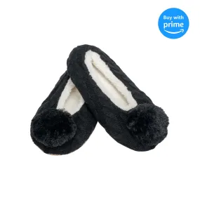 Ballerina Knit Pom Womens Plush Lined Cozy Non Slip Indoor Soft Slipper - Black, Large