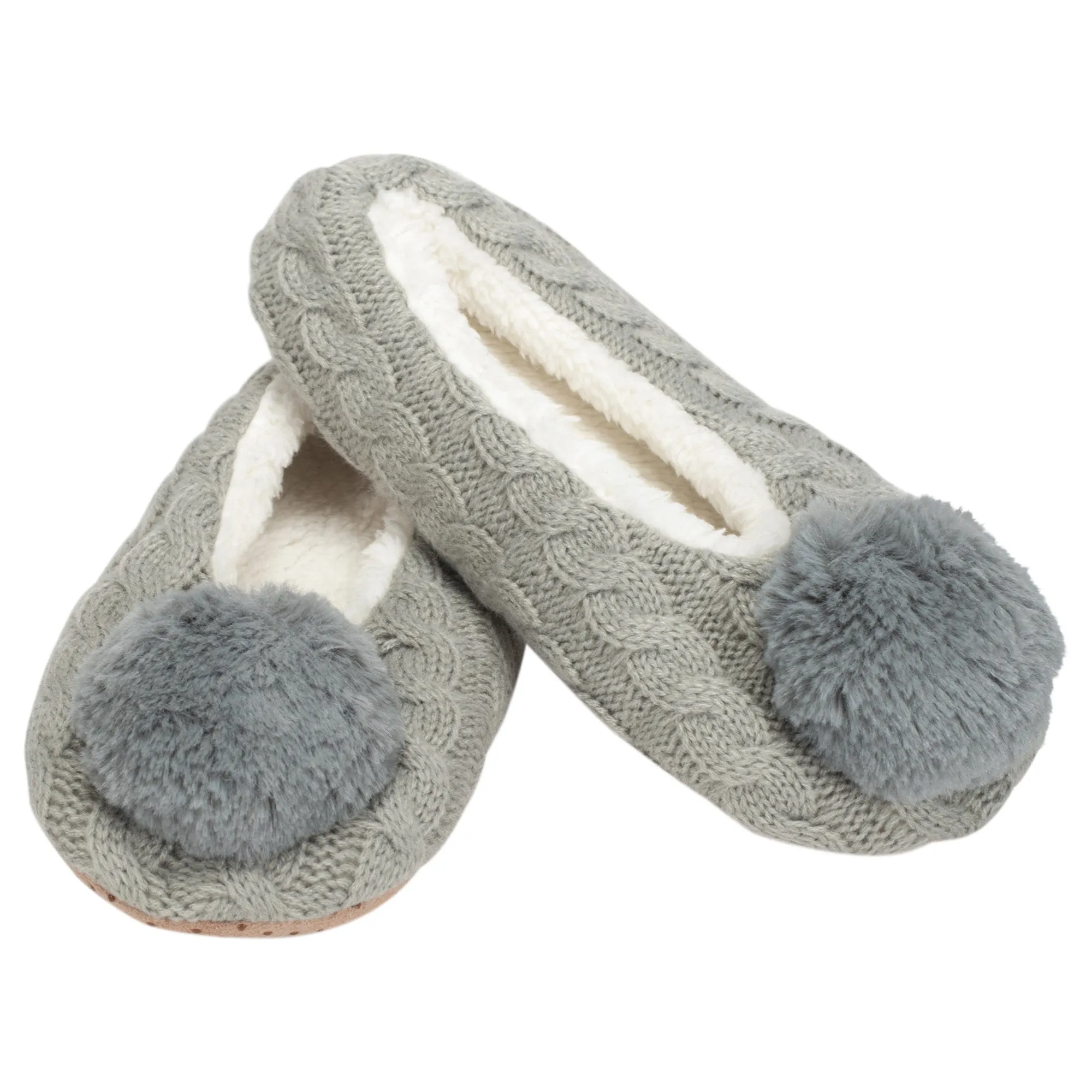 Ballerina Knit Pom Womens Plush Lined Cozy Non Slip Indoor Soft Slipper - Grey, Small