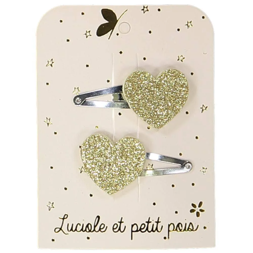 Barrettes coeurs - Glitter or (paire)