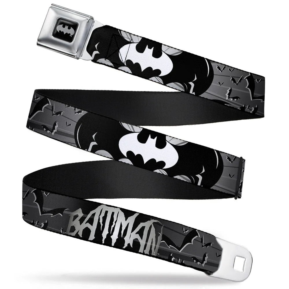 Batman Black Silver Seatbelt Belt - BATMAN w/Bat Signals & Flying Bats Black/White Webbing