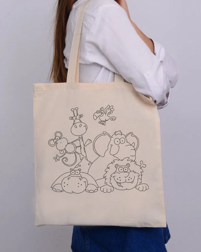 Black Color Zoo Tote Bag (Advance Level) - Coloring-Painting Bags for Kids