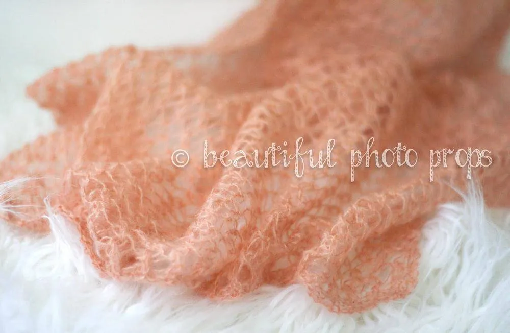 Coral Pink Peach Mohair Knit Wrap