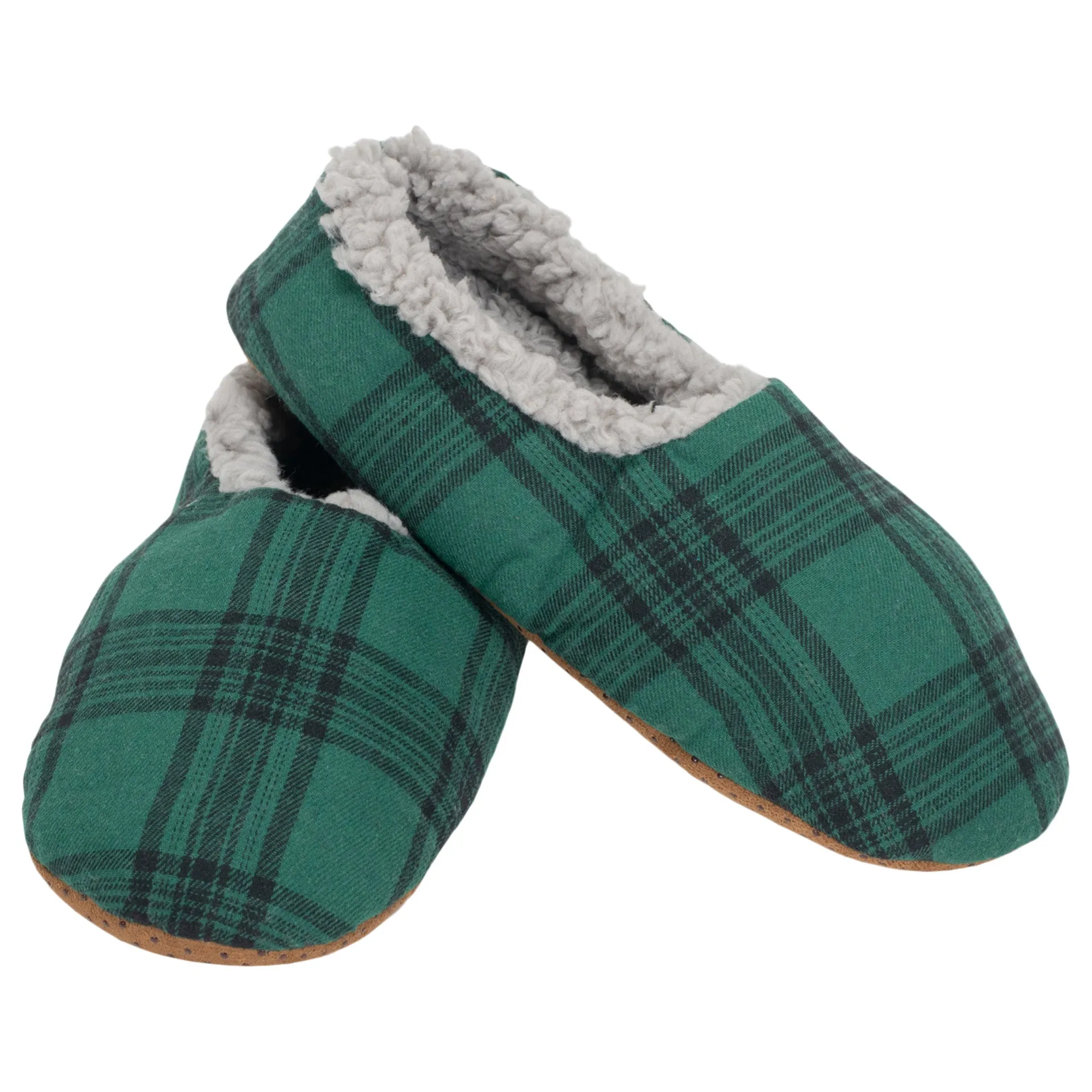 Green Plaid Mens Plush Lined Cozy Non Slip Indoor Soft Slippers - Large