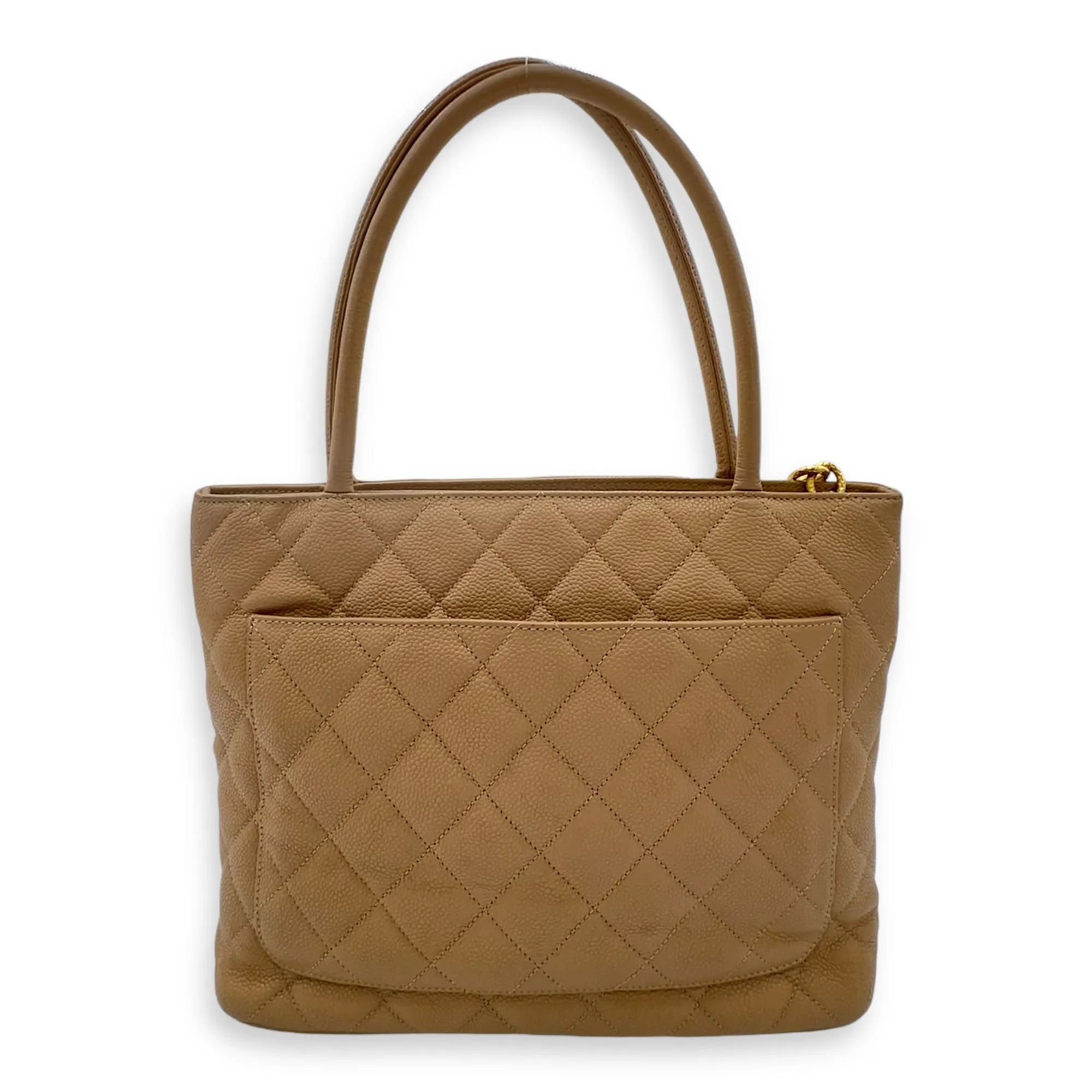 Medallion Tote Bag Beige in Caviar Leather, Gold hardware