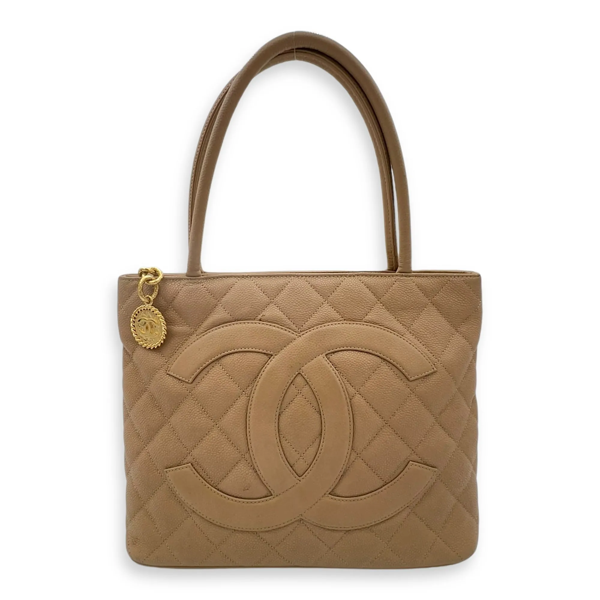 Medallion Tote Bag Beige in Caviar Leather, Gold hardware