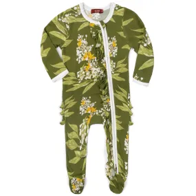 Milkbarn Kids Bamboo Ruffle ZIPPER Footed Romper | Green Floral