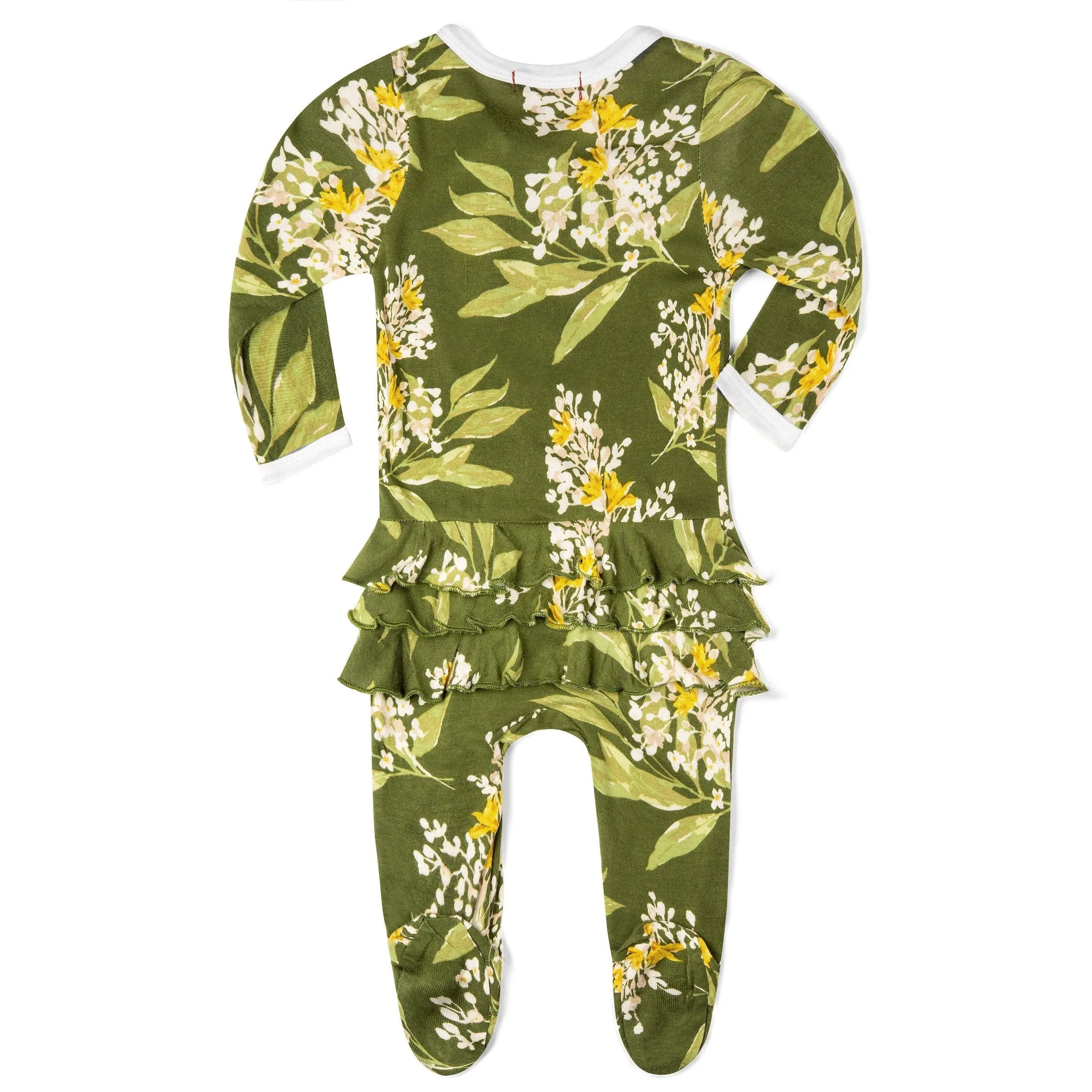 Milkbarn Kids Bamboo Ruffle ZIPPER Footed Romper | Green Floral