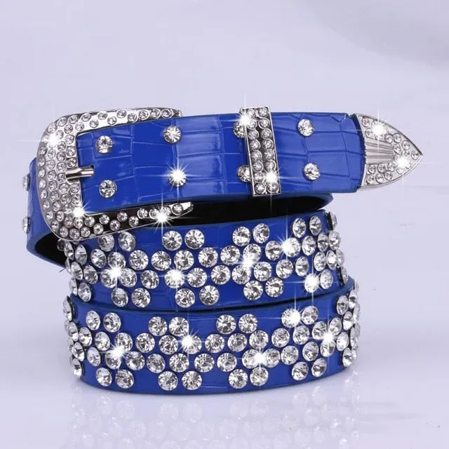 Rhinestone Drilled Wide Leather Belt