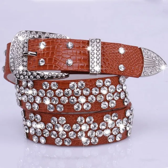 Rhinestone Drilled Wide Leather Belt