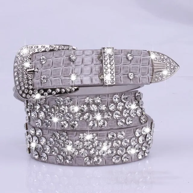 Rhinestone Drilled Wide Leather Belt