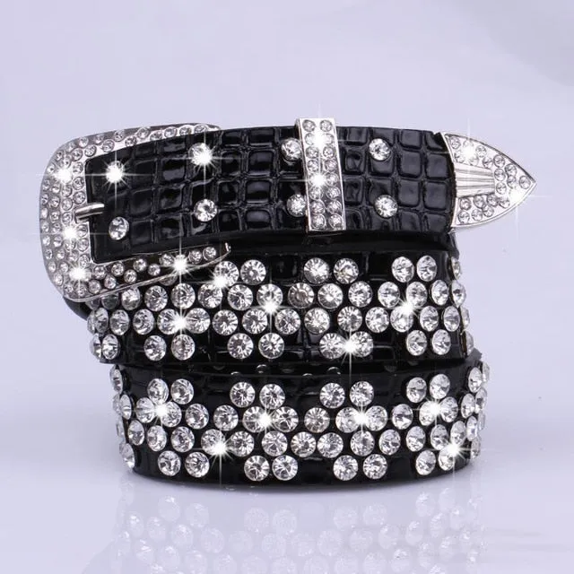 Rhinestone Drilled Wide Leather Belt