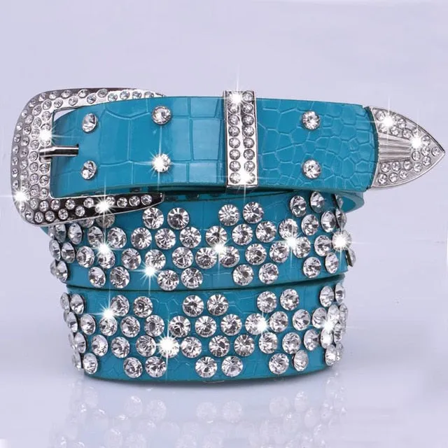 Rhinestone Drilled Wide Leather Belt