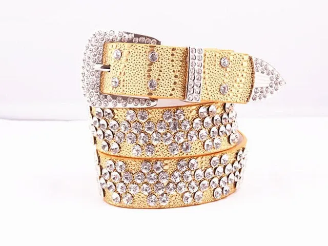 Rhinestone Drilled Wide Leather Belt