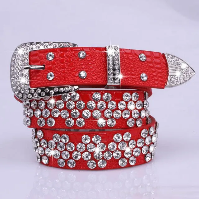 Rhinestone Drilled Wide Leather Belt