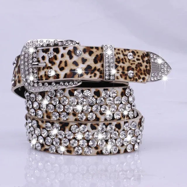 Rhinestone Drilled Wide Leather Belt