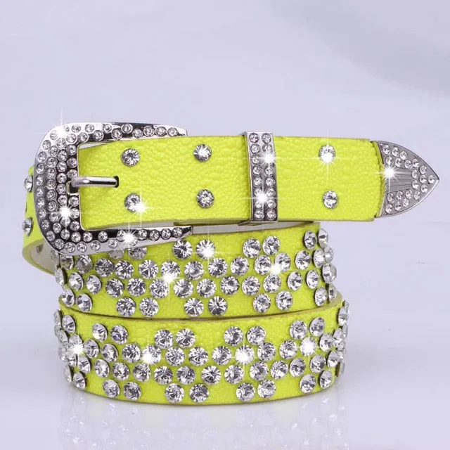 Rhinestone Drilled Wide Leather Belt