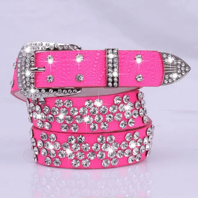 Rhinestone Drilled Wide Leather Belt