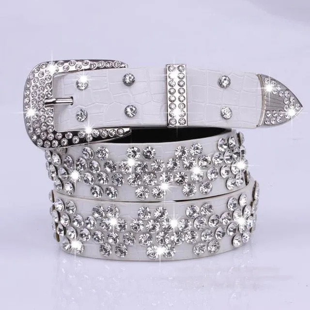 Rhinestone Drilled Wide Leather Belt