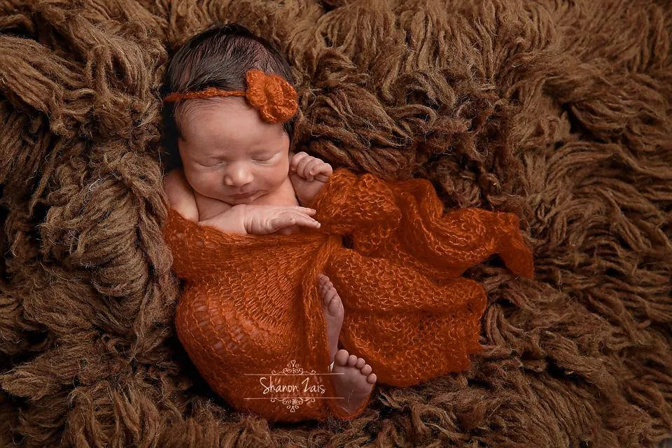 SET Pumpkin Orange Mohair Knit Baby Wrap and Headband