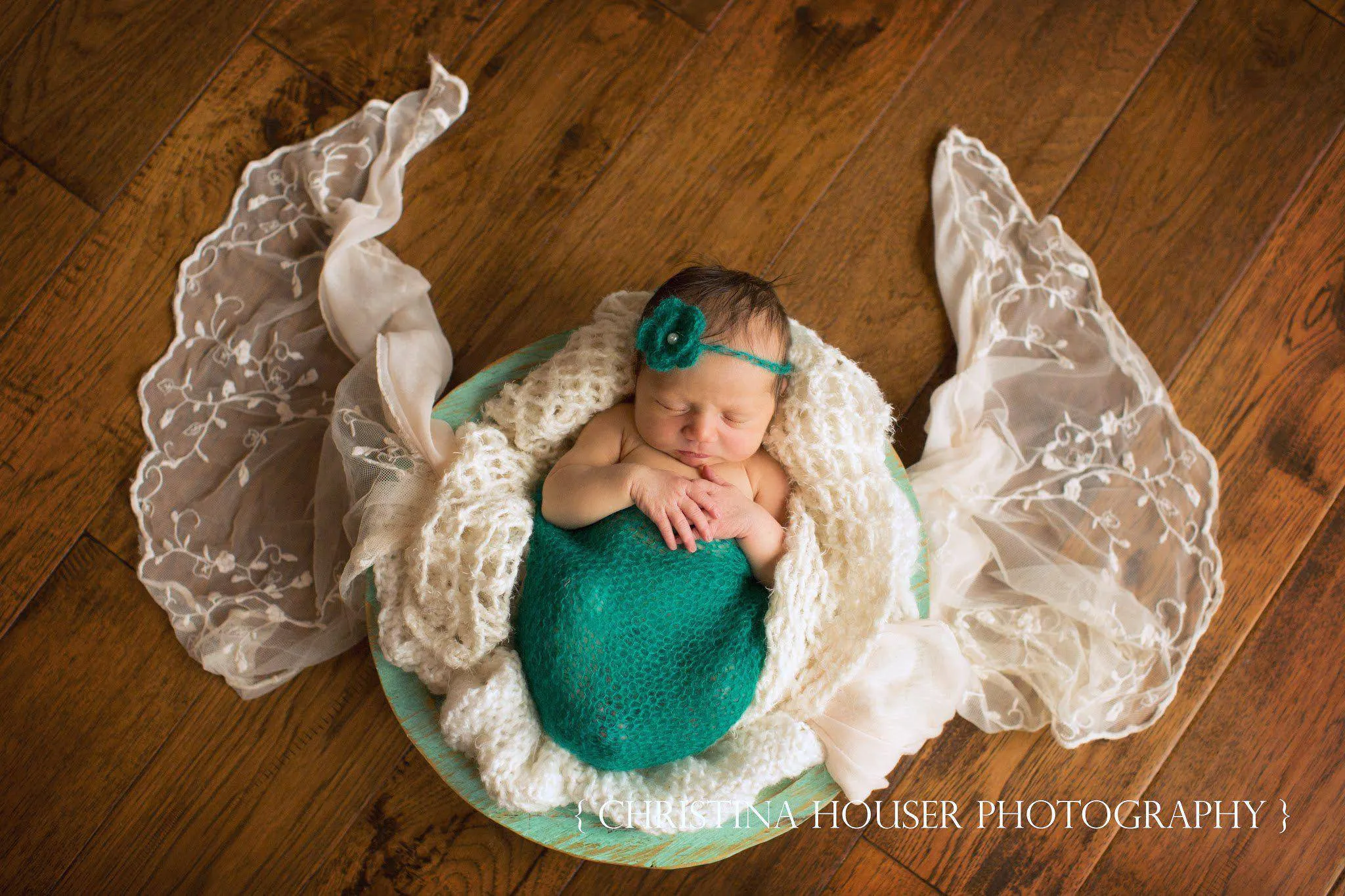 SET Teal Mohair Knit Baby Wrap and Headband