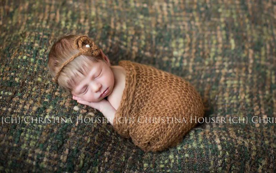 SET Walnut Brown Mohair Knit Baby Wrap and Headband