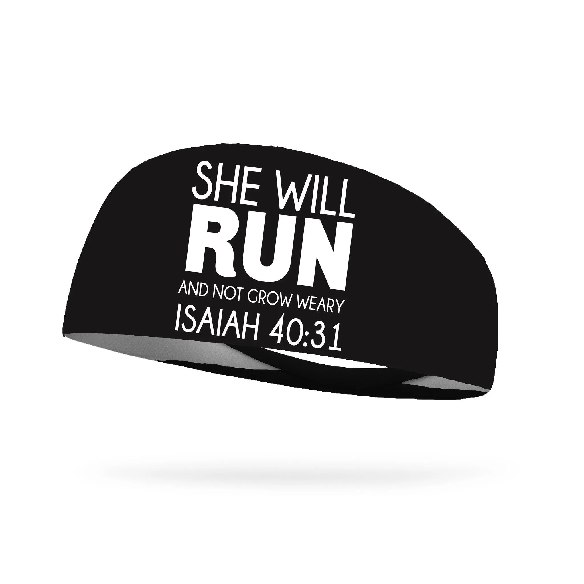 She Will Run and Not Grow Weary Isaiah 40:31 Wicking Headband - Snowflake White Logo