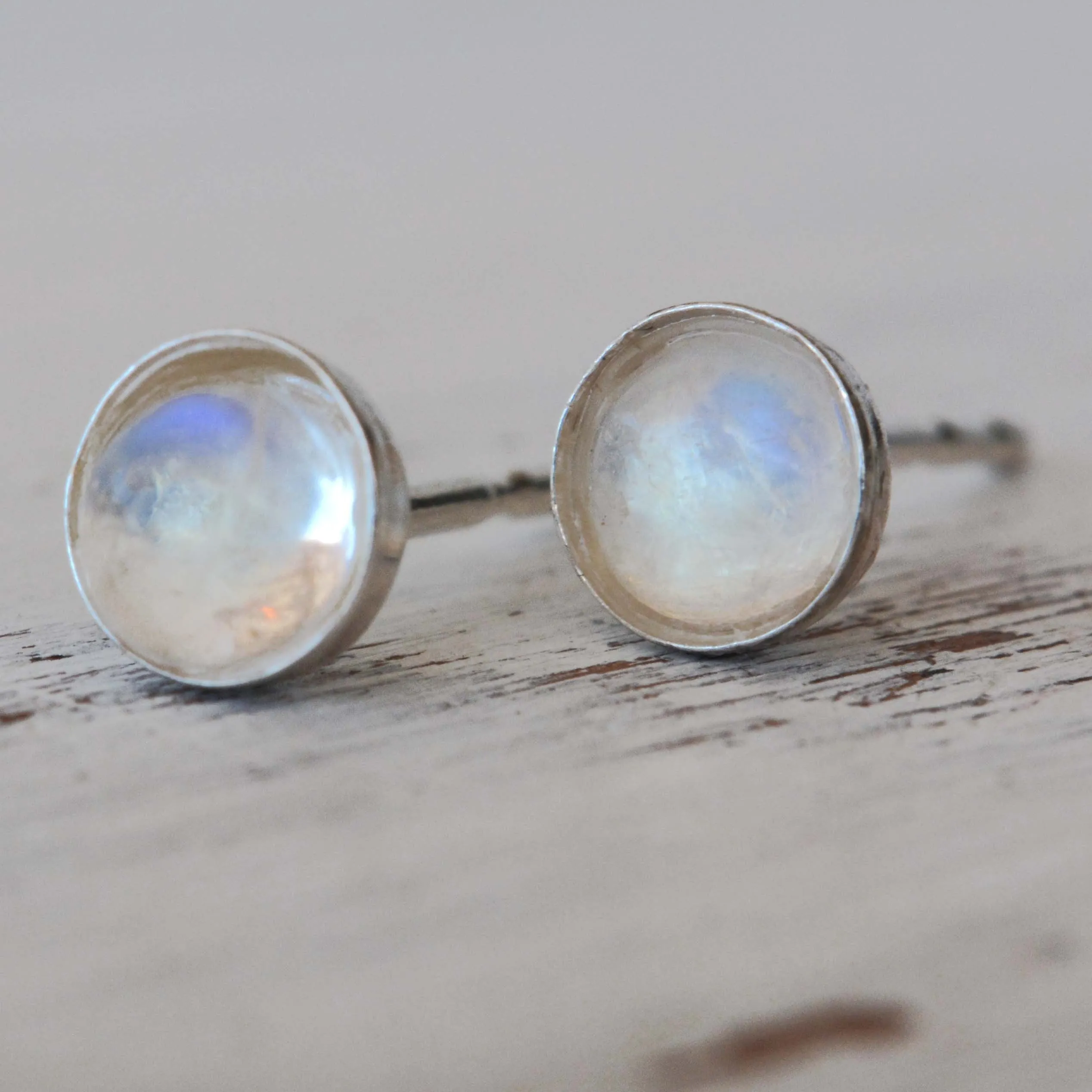 Sterling Silver Rainbow Moonstone Stud Earrings 4mm Round Natural Moonstone