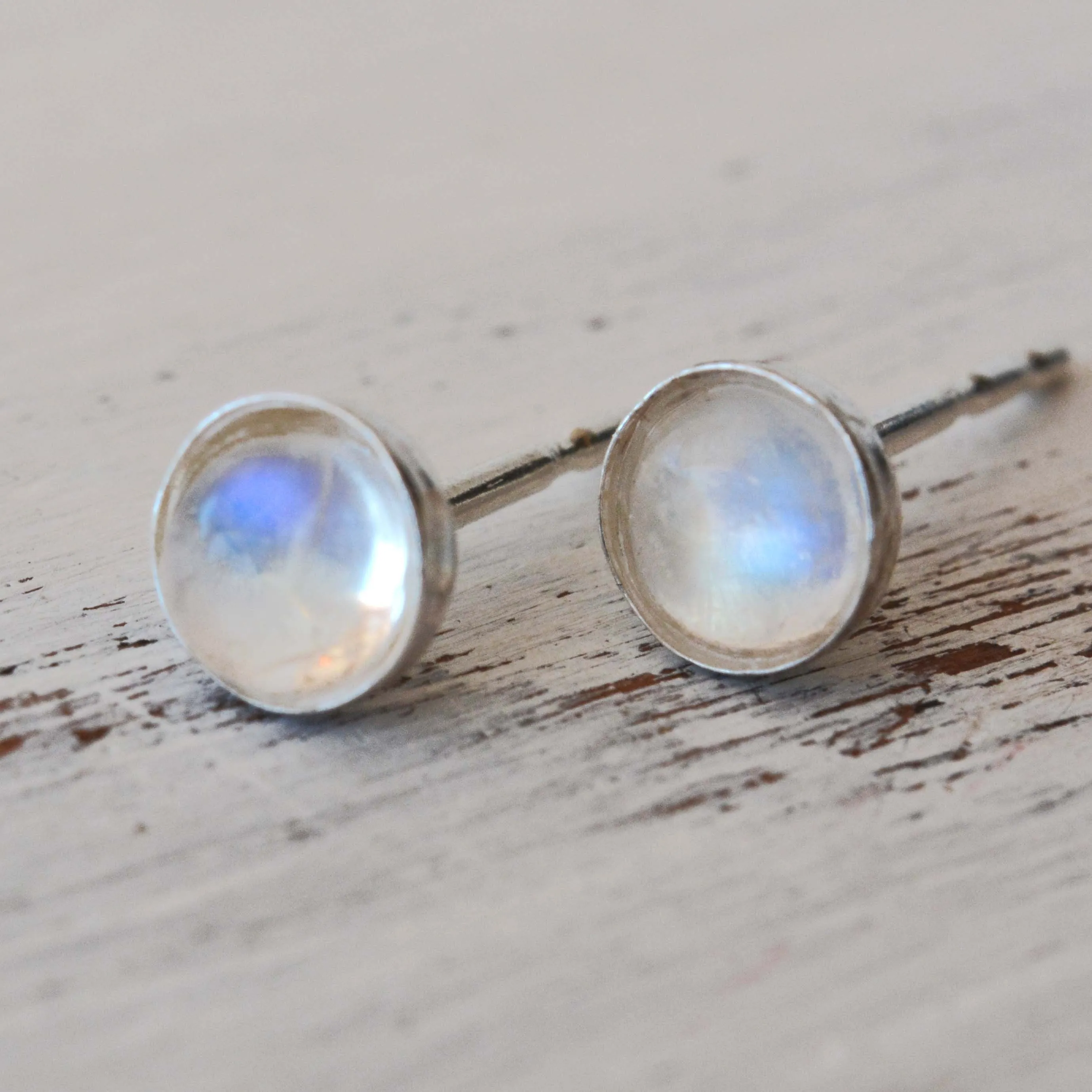 Sterling Silver Rainbow Moonstone Stud Earrings 4mm Round Natural Moonstone