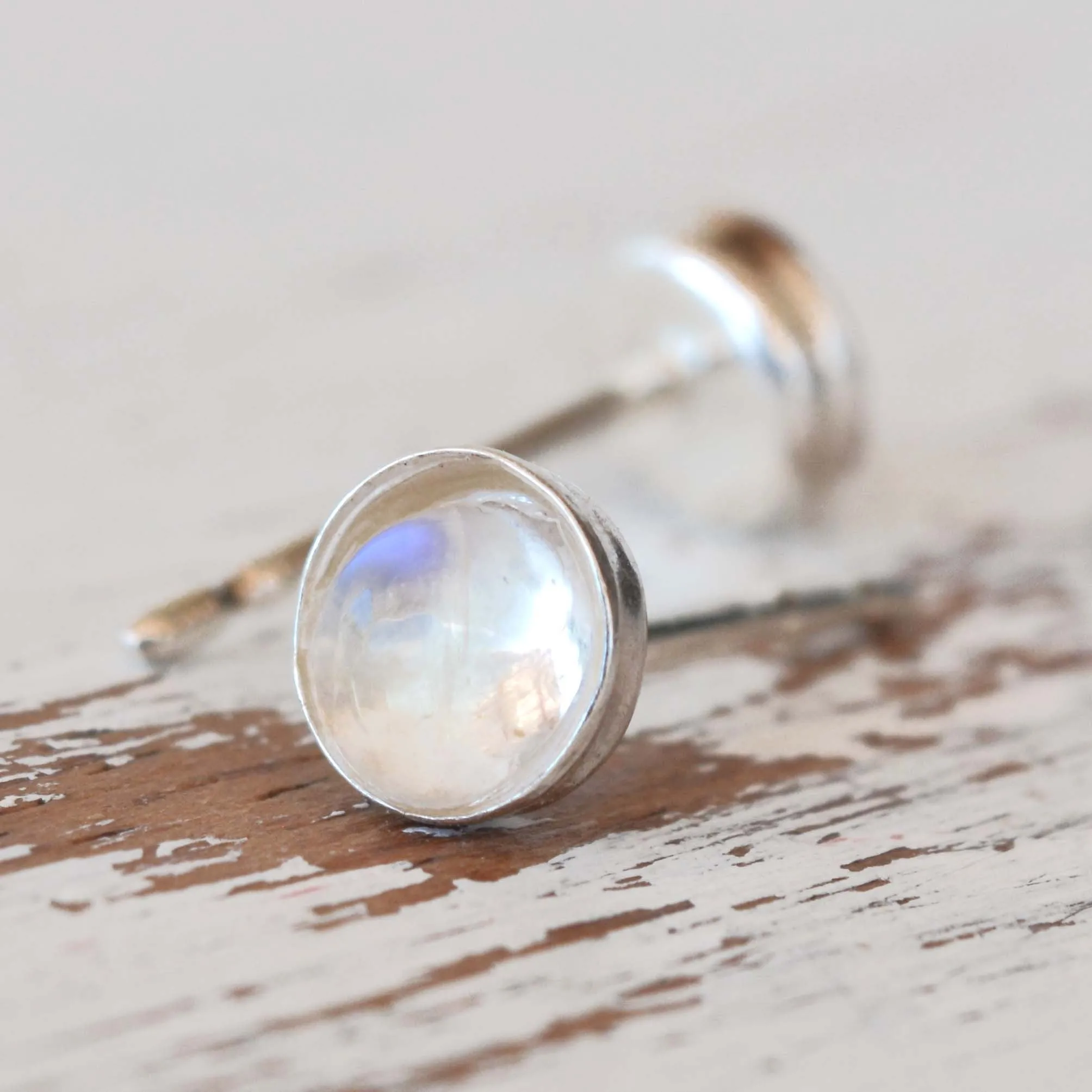 Sterling Silver Rainbow Moonstone Stud Earrings 4mm Round Natural Moonstone