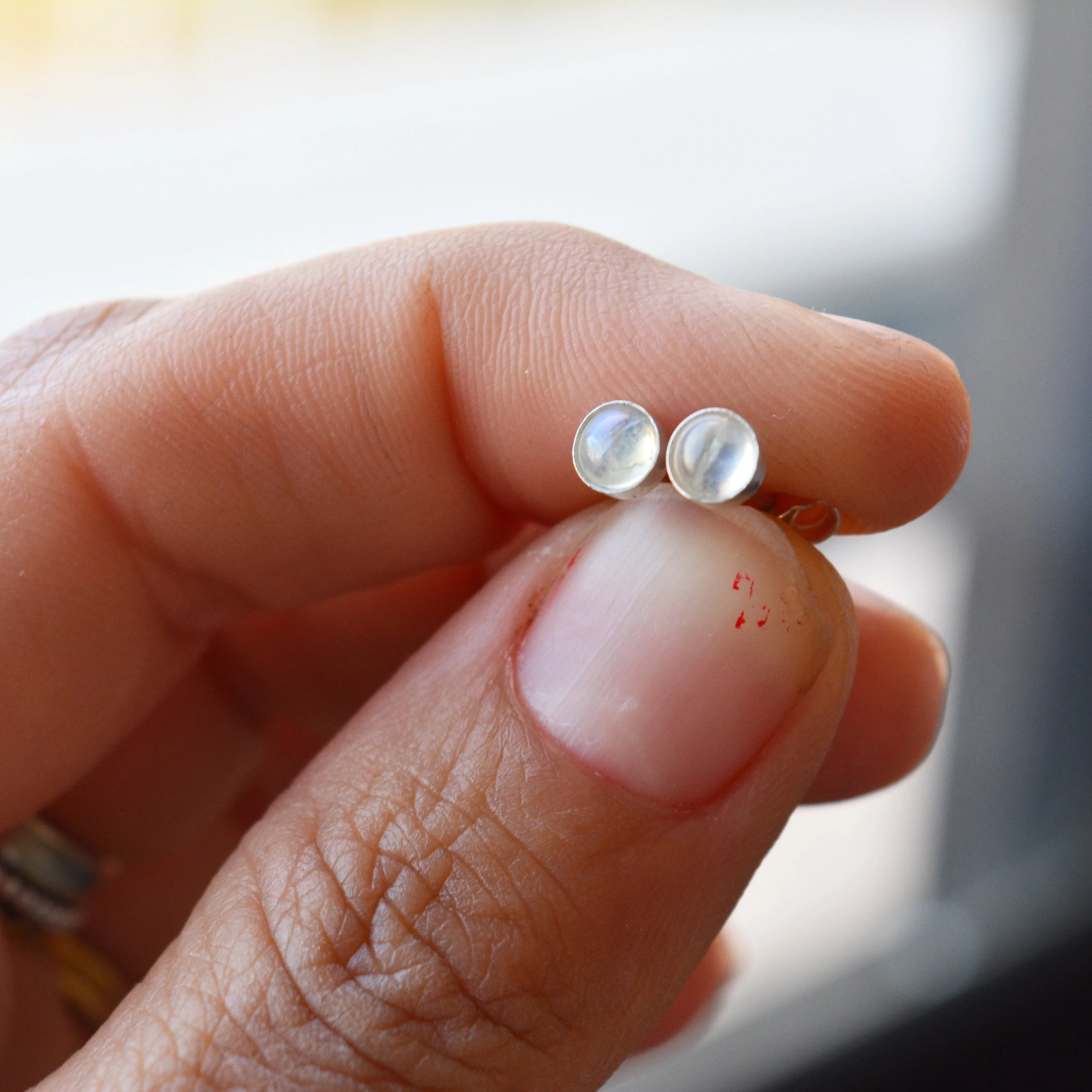 Sterling Silver Rainbow Moonstone Stud Earrings 4mm Round Natural Moonstone