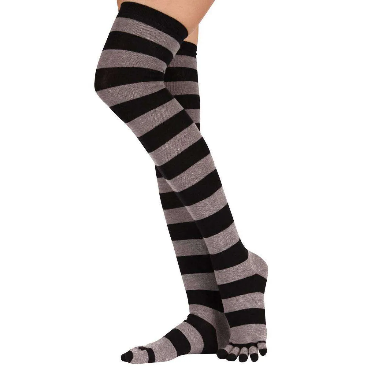 TOETOE Striped Over The Knee Toe Socks - Black/Grey