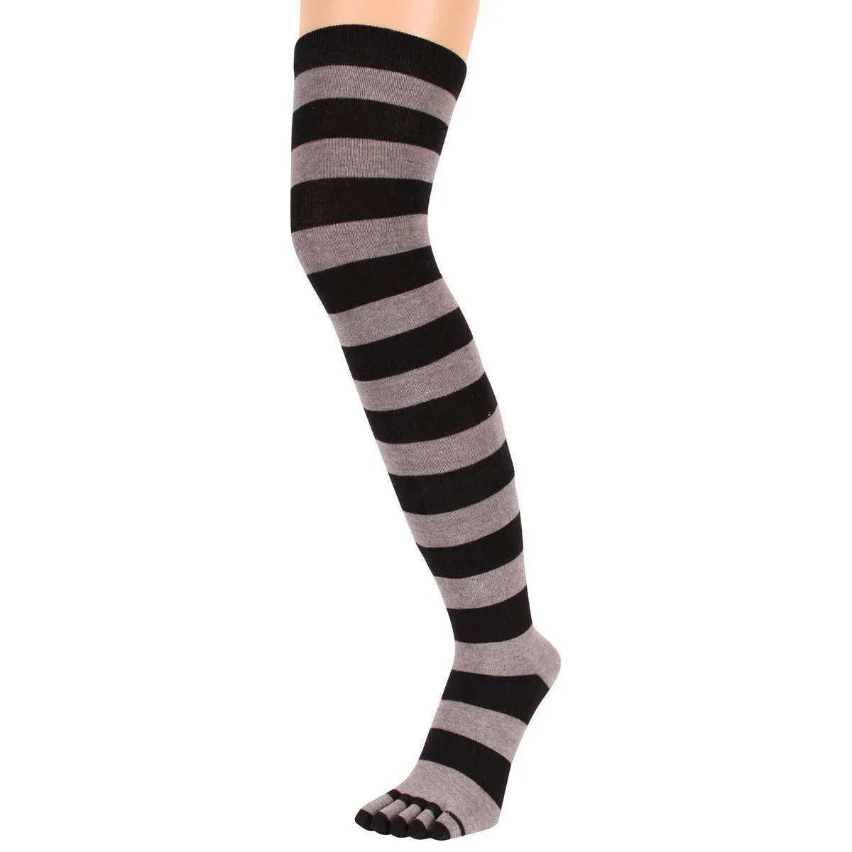 TOETOE Striped Over The Knee Toe Socks - Black/Grey