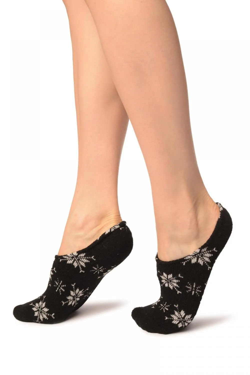 White Snowflakes On Black Angora Footies Socks