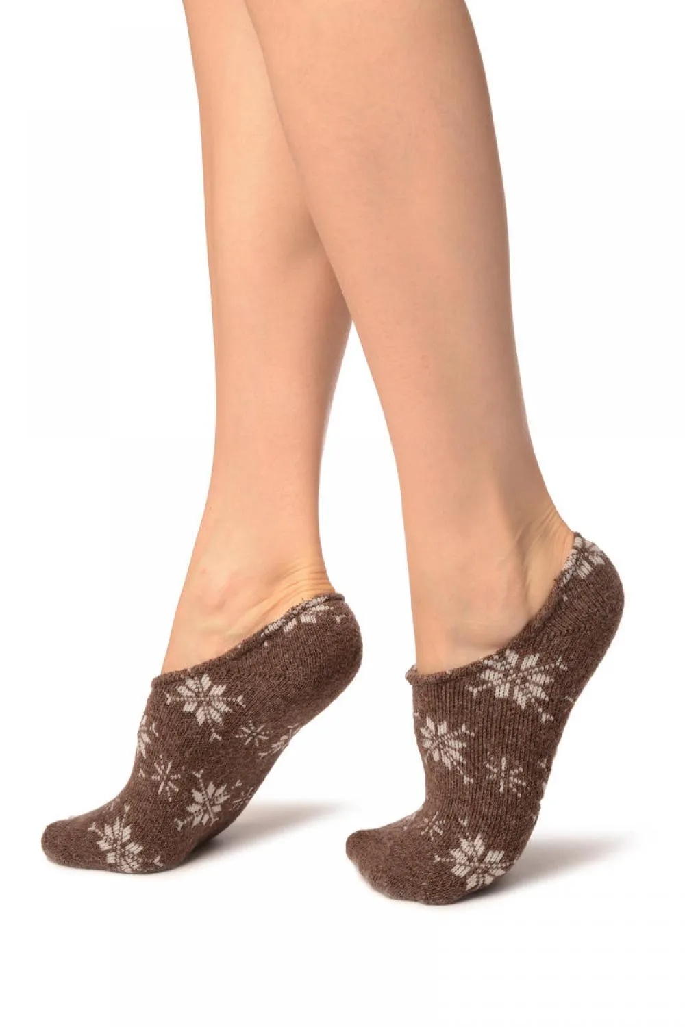 White Snowflakes On Brown Angora Footies Socks