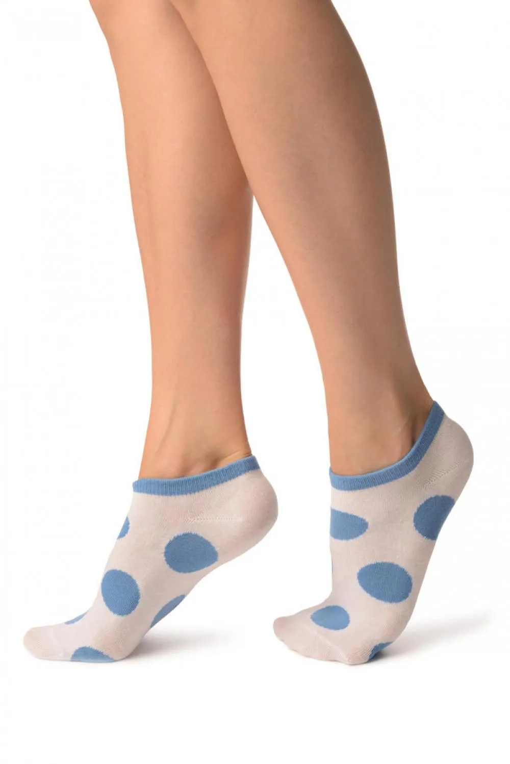 White With Large Blue Polka Dot Footies Socks